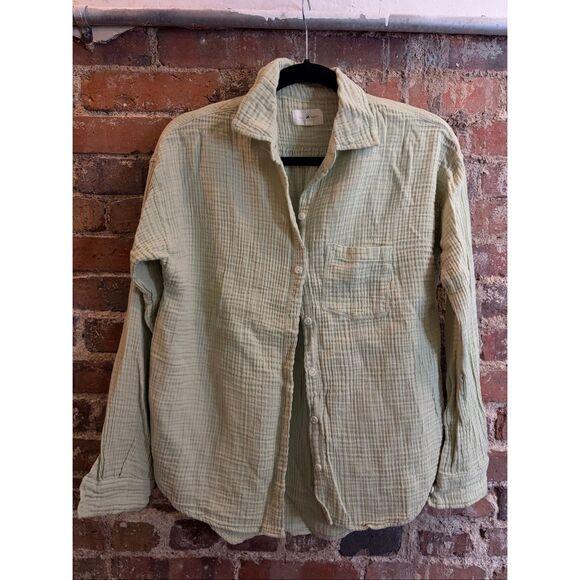 LOU & GREY • Sage Green Crinkle Long-sleeve Button-up Shirt • Ladies Size XS - Picture 2 of 8